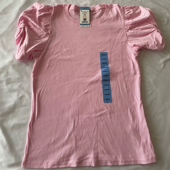 NWT! Vince Camuto Women's Short Puff Sleeve Ribbed Crewneck Top, Peony Pink,Sz L - Picture 2 of 4